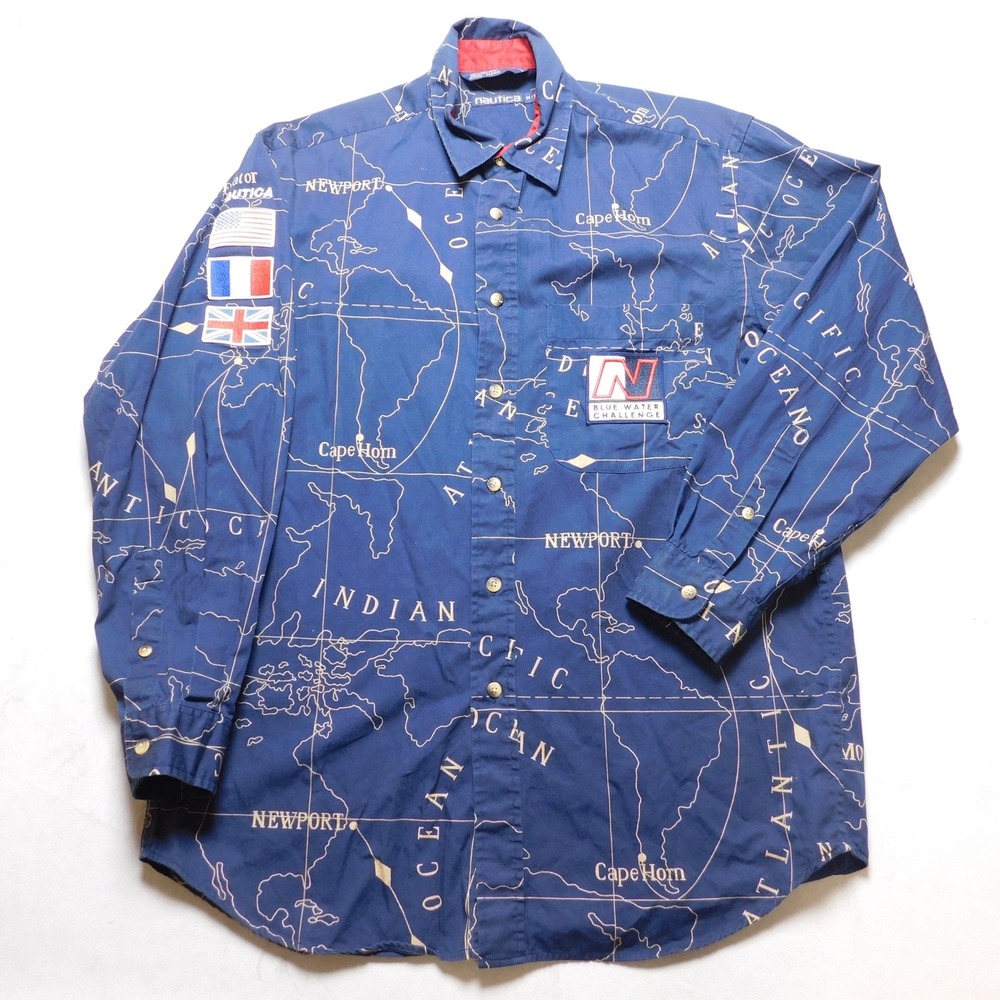 Nautica Mens Blue Water Challenge World‎ Map Shirt Navy Long Sleeve Medium